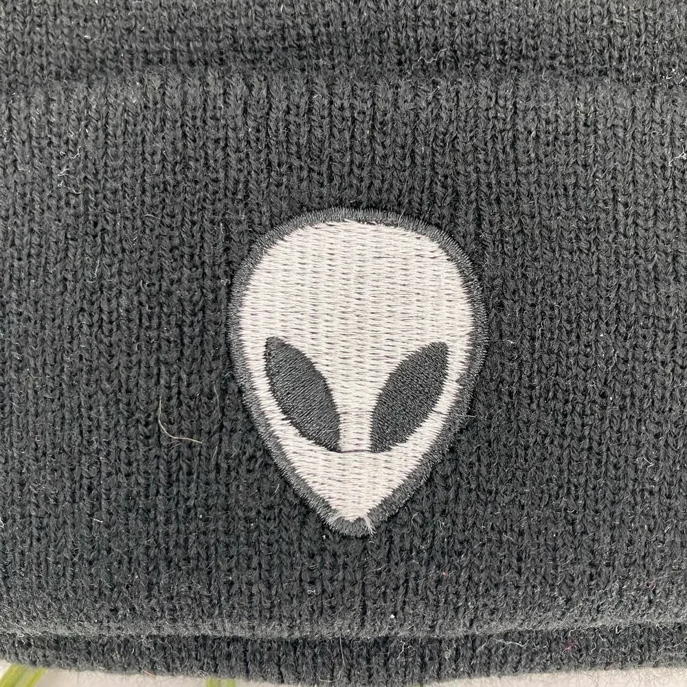 Y2K Black Silver Embroidered Alien Cuffed Knit Acrylic Stretch Youth Beanie Hat